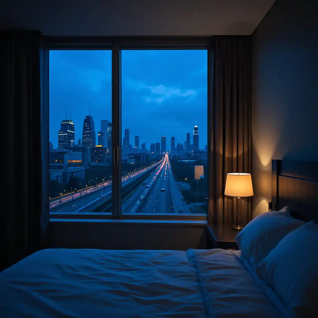 Dim hotel room with bed and single glowing bedside lamp