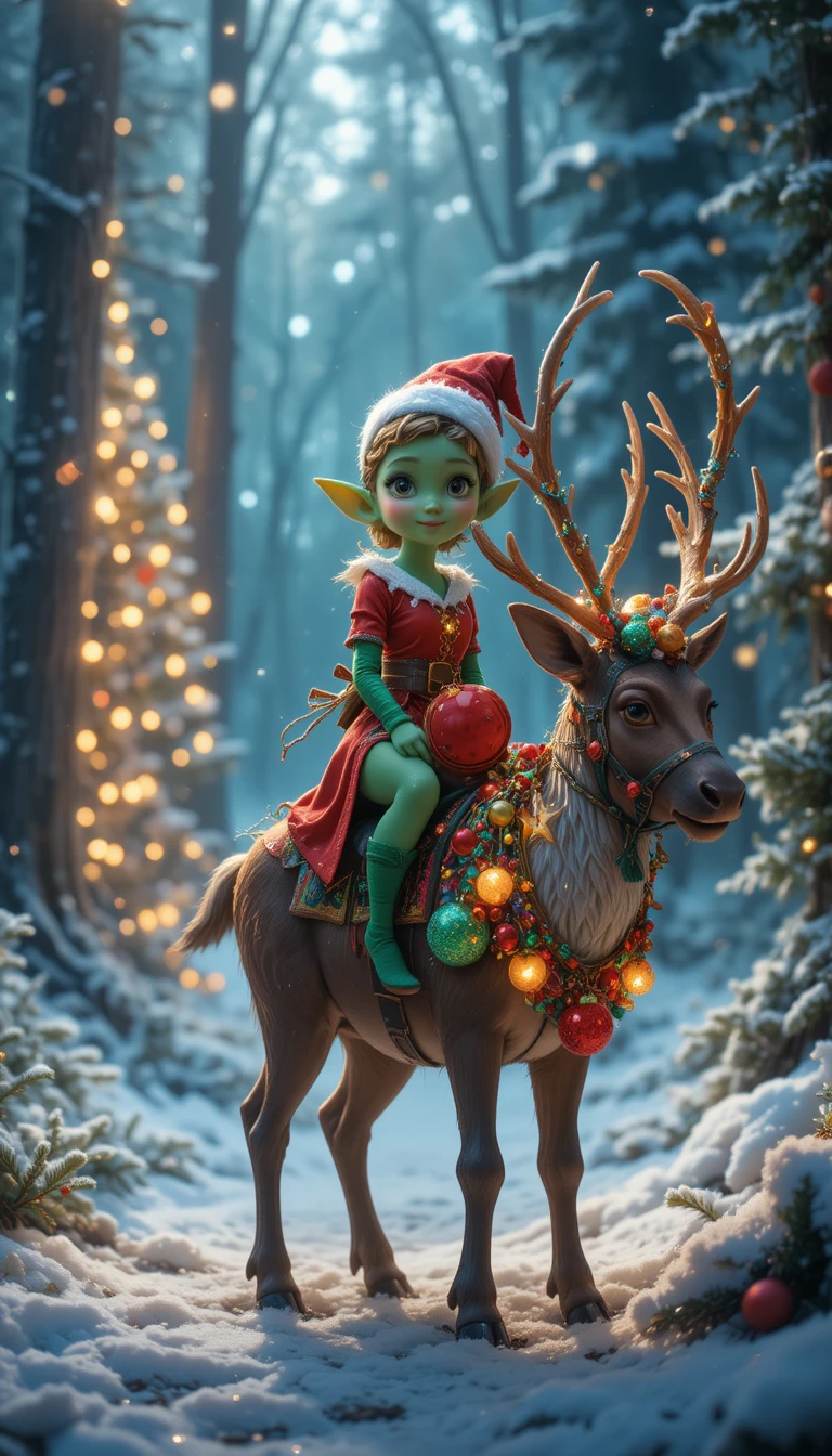 Green elf riding reindeer in a magical snowy forest