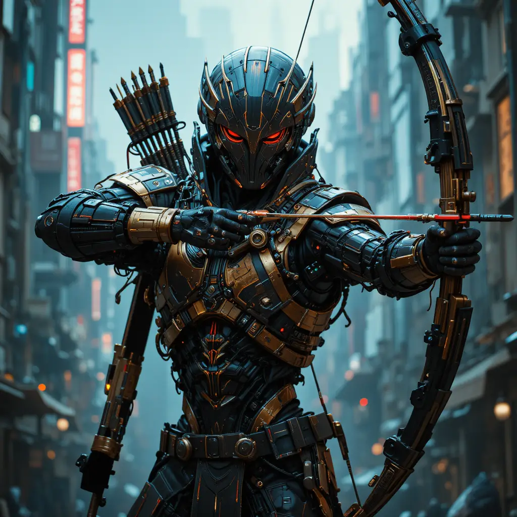 Archer cybernétique en armure noire et dorée dans une ville futuriste