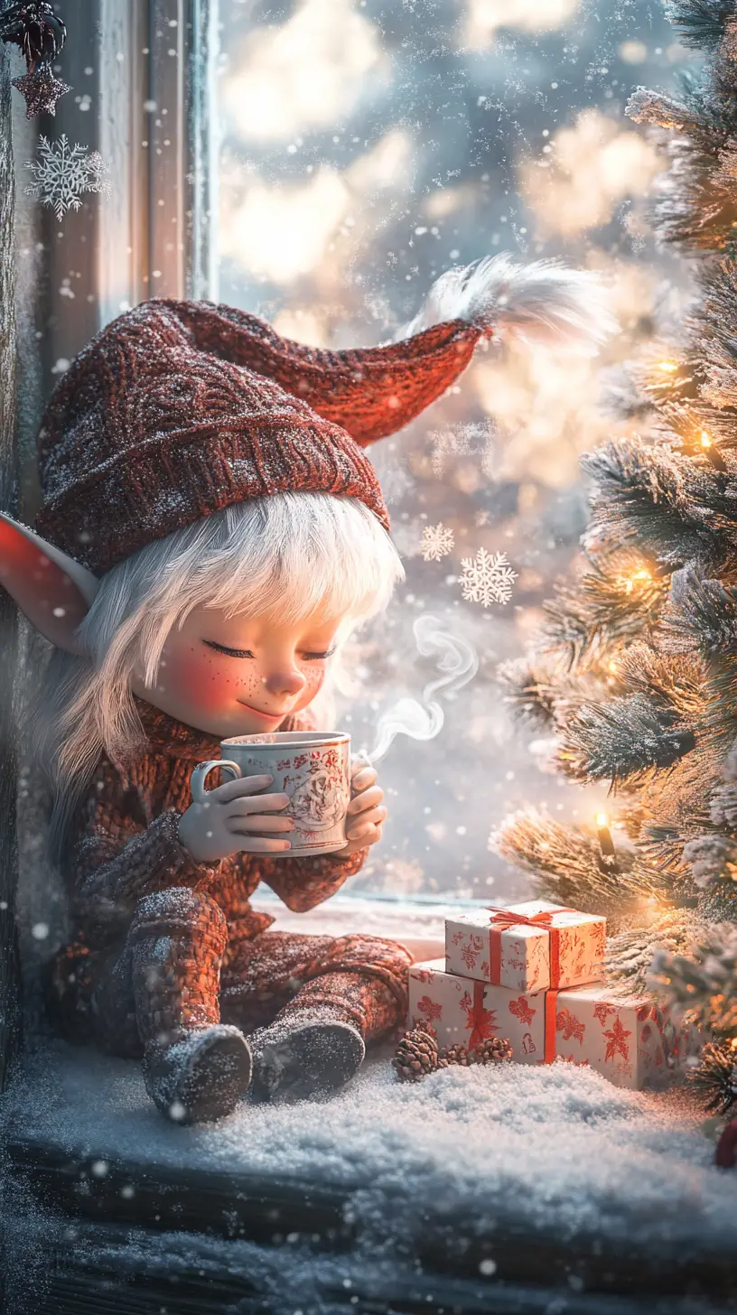 Whimsical goblin relaxing by a snowy winter window