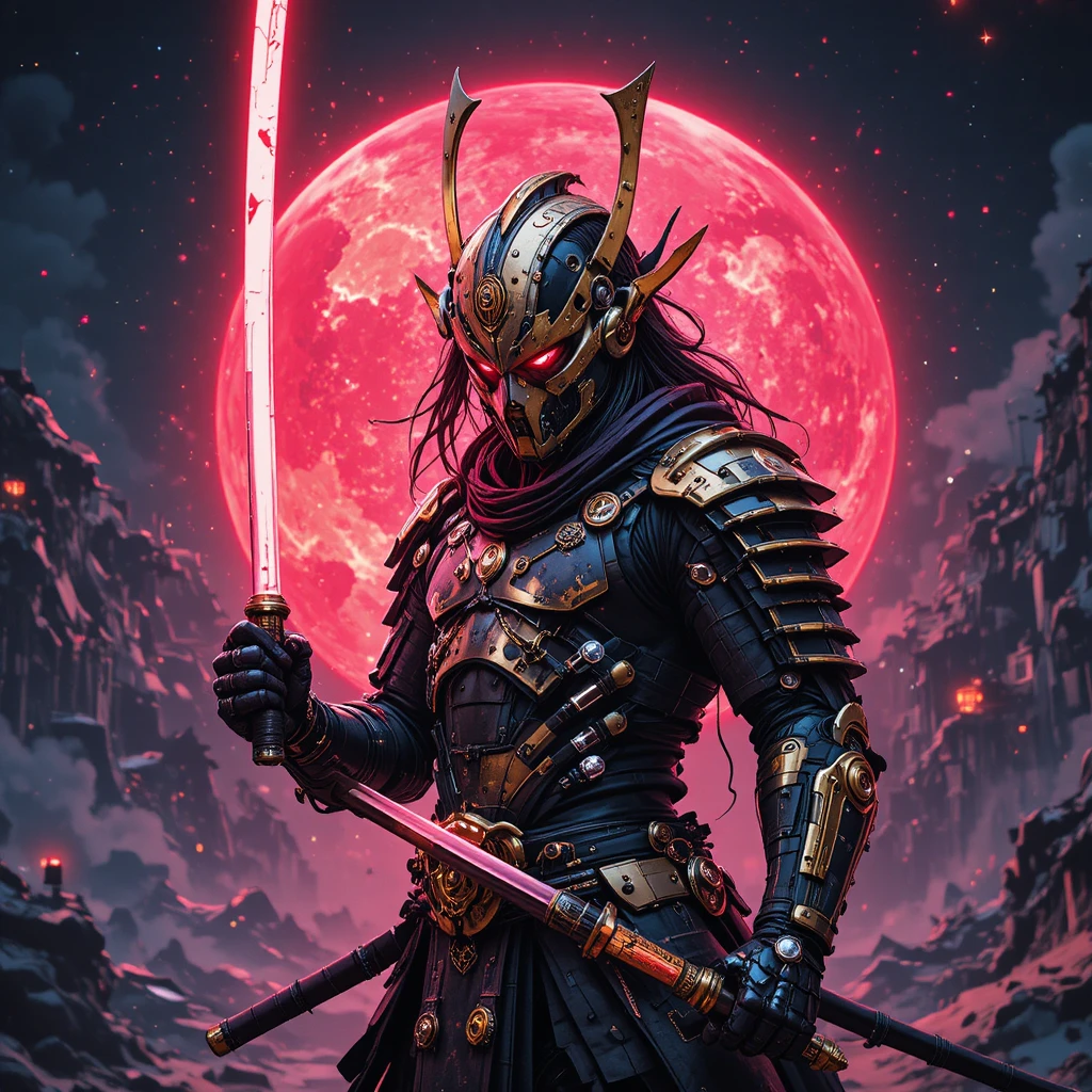 Guerreiro samurai cibernético com armadura preta e dourada