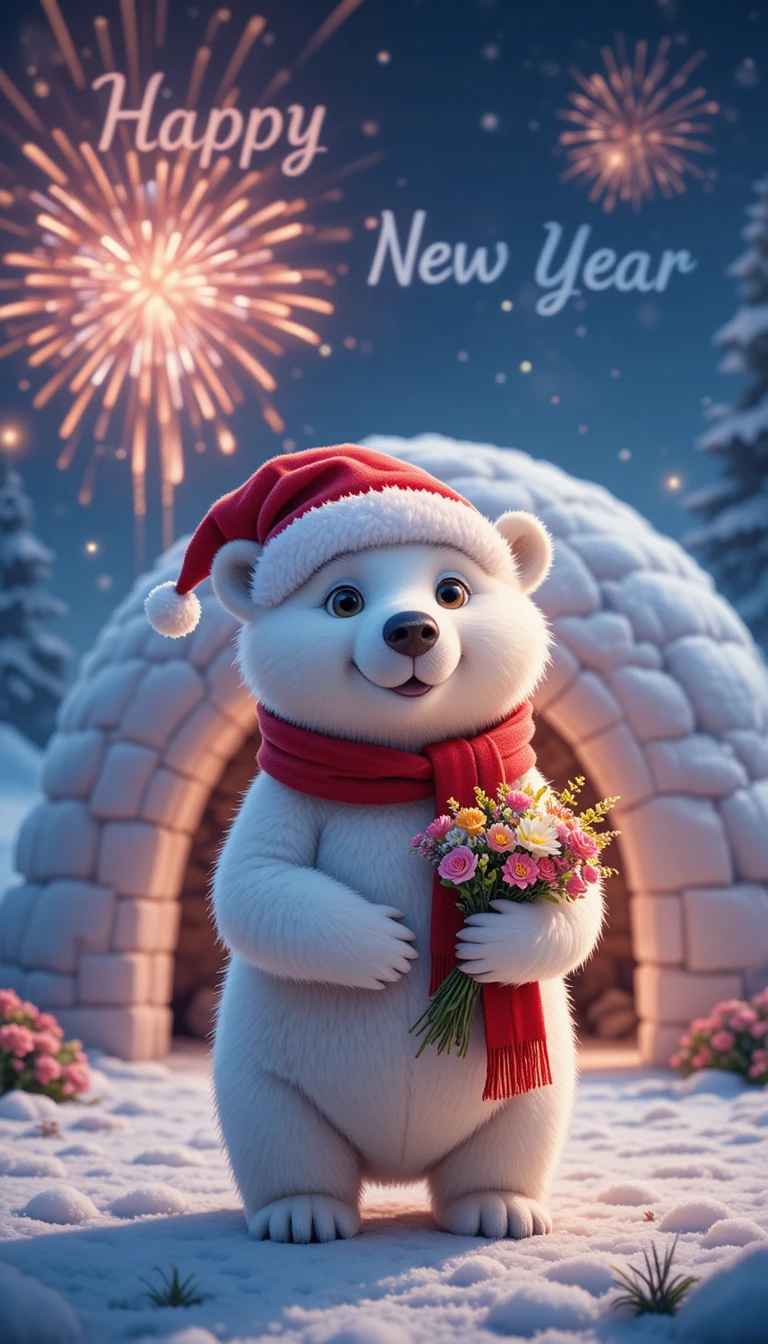 Urso‑polar fofo com flores em uma cena de inverno festiva