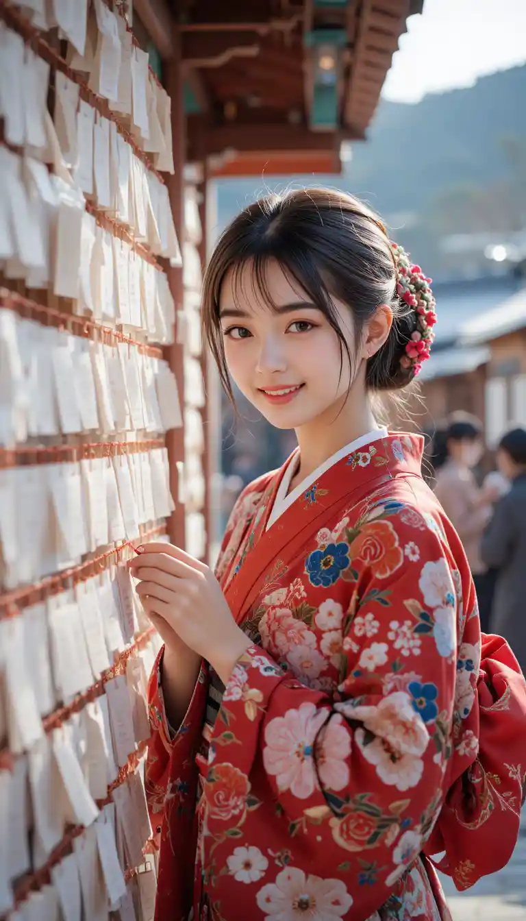 Japanese schoolgirl tying a fortune slip at shrine