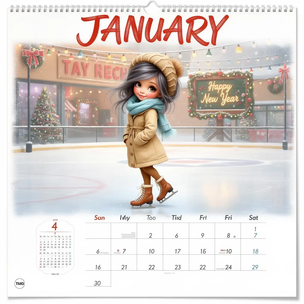 お正月ムードの1月カレンダーでアイススケートをする少女