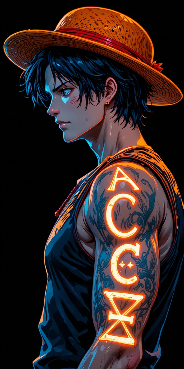 Retrato de perfil em estilo anime neon de um homem sardento de chapéu