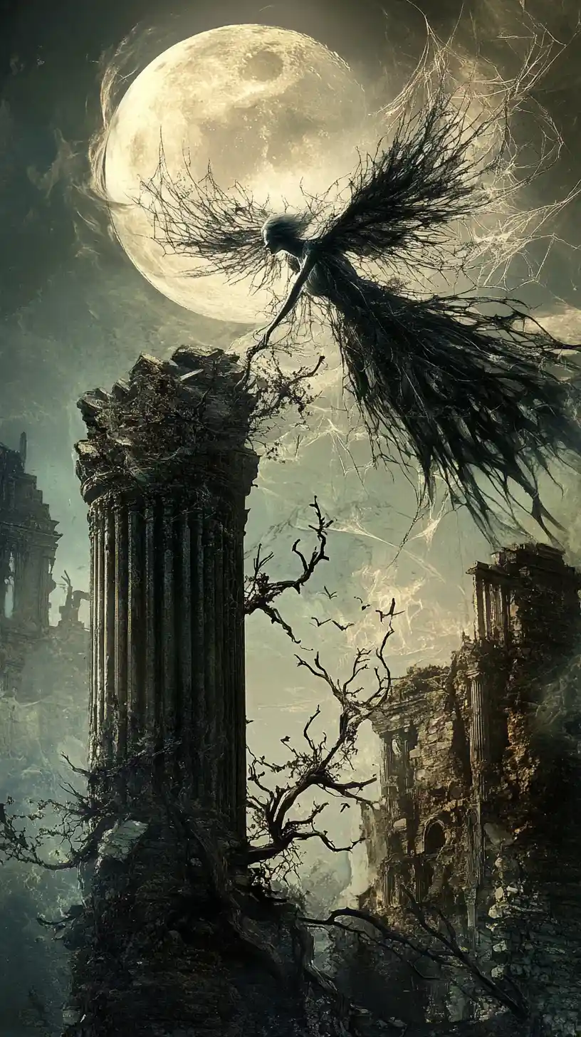 Ange Volant au‑dessus de Ruines au Clair de Lune dans une Scène de Dark Fantasy