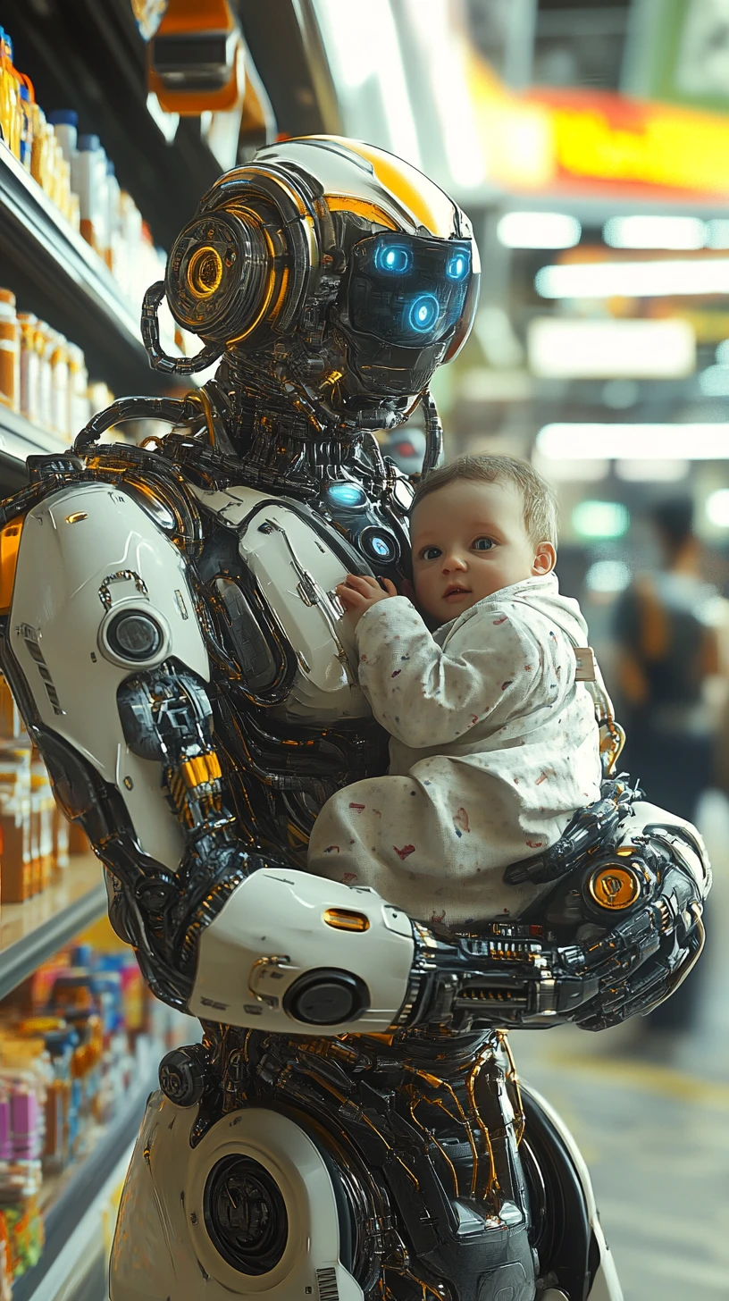 Robot steampunk que sostiene a un bebé en un supermercado luminoso