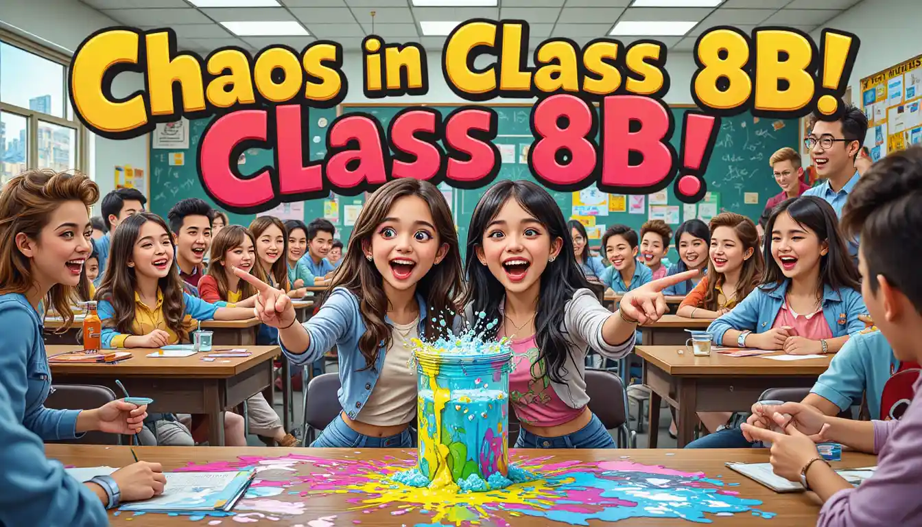 Chaotic classroom scene with laughing students and shocked teacher