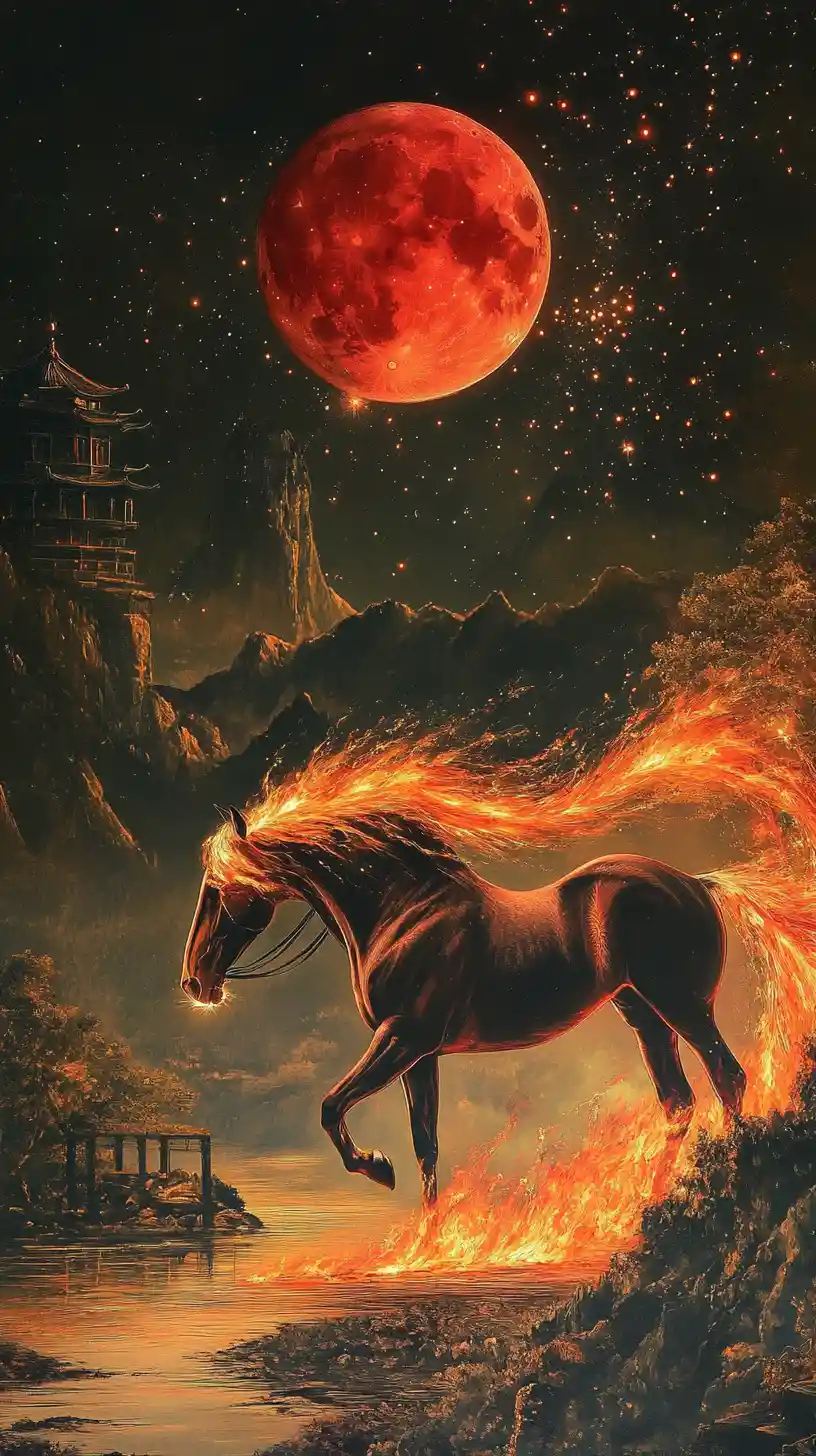 Feurige Mähne: Pferd unter rotem Mond in Fantasielandschaft