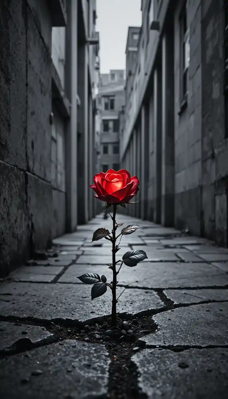 Rosa rossa luminosa che emerge da un marciapiede di cemento crepato