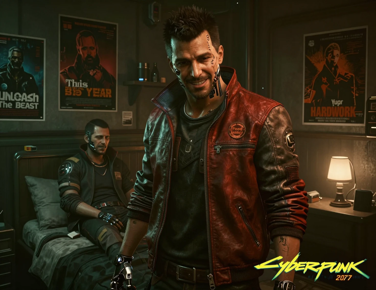 Homem cyberpunk aumentado falando em um quarto escuro e bagunçado