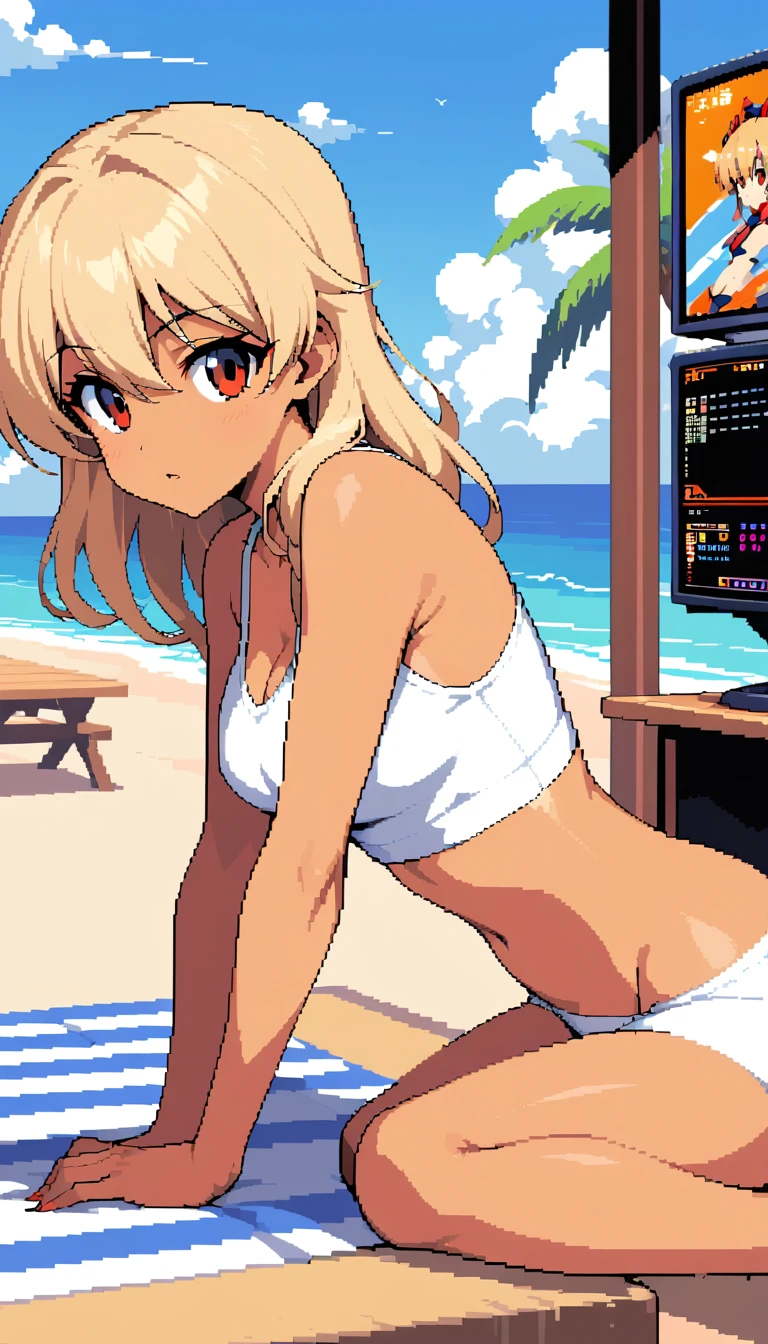 Donna bionda in stile anime in un bar sulla spiaggia in pixel art