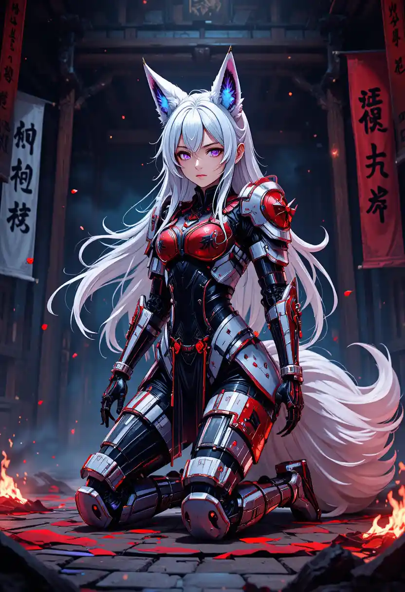 Fox eared cyborg valkyrie kneeling in a dark dojo