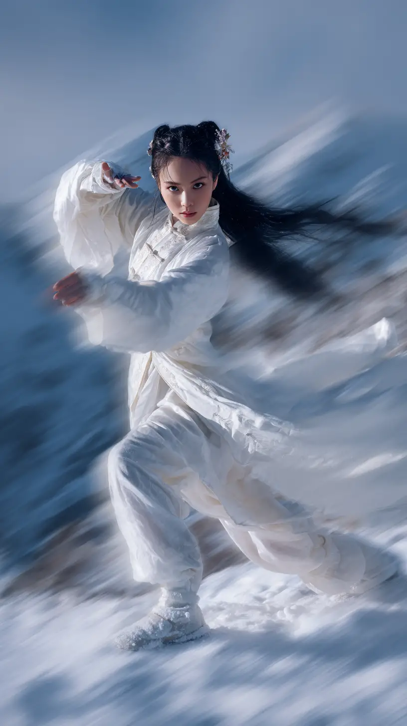 Tai chi warrior woman on a snowy mountain peak