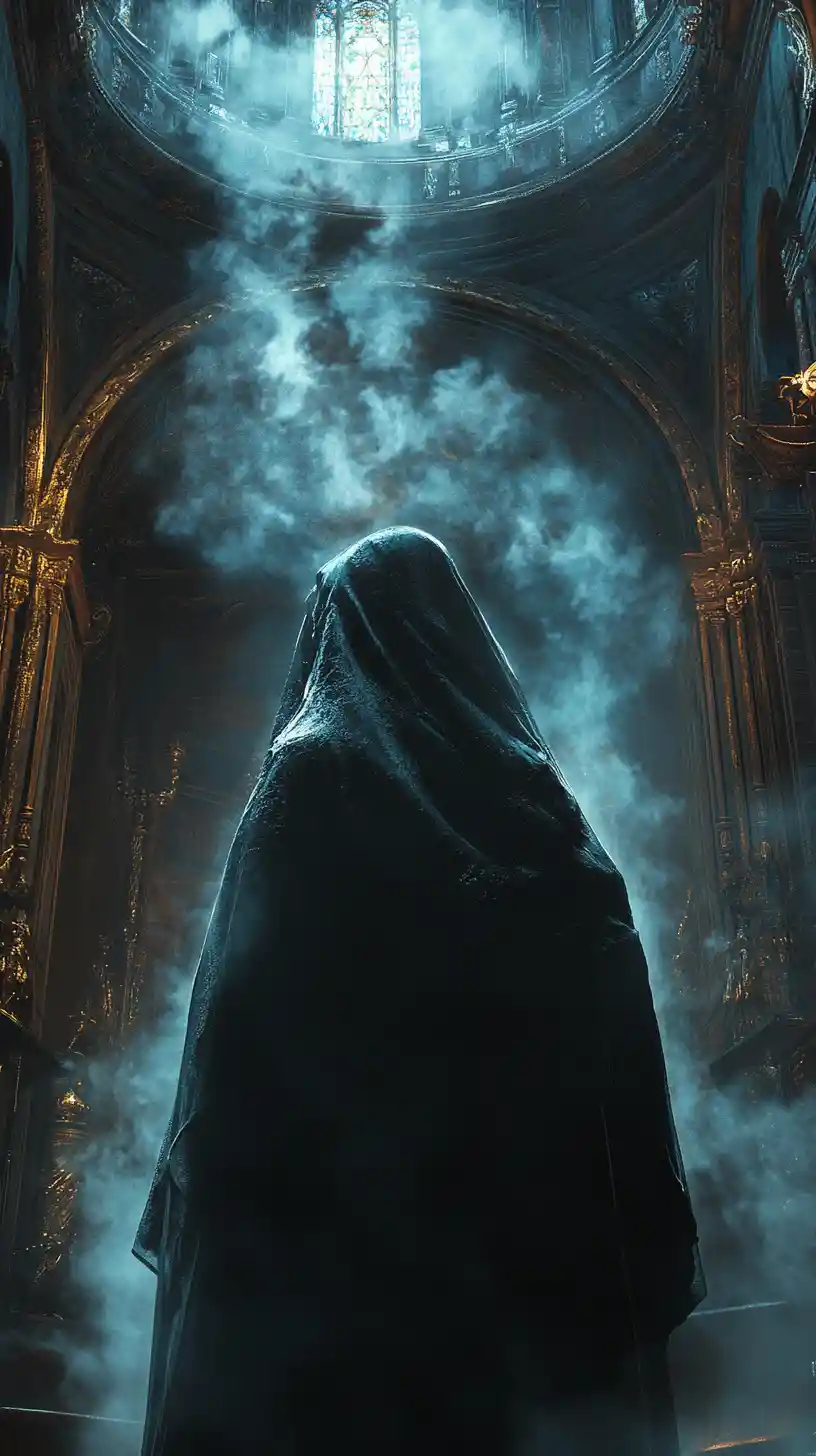 Gothic priest with grotesque stitched face in moonlit church