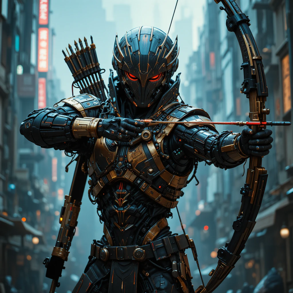 Archer cybernétique en armure noire et dorée dans une ville futuriste