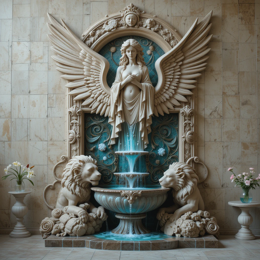 Fonte de Parede com Leão Alado e Relevo de Deusa Celestial