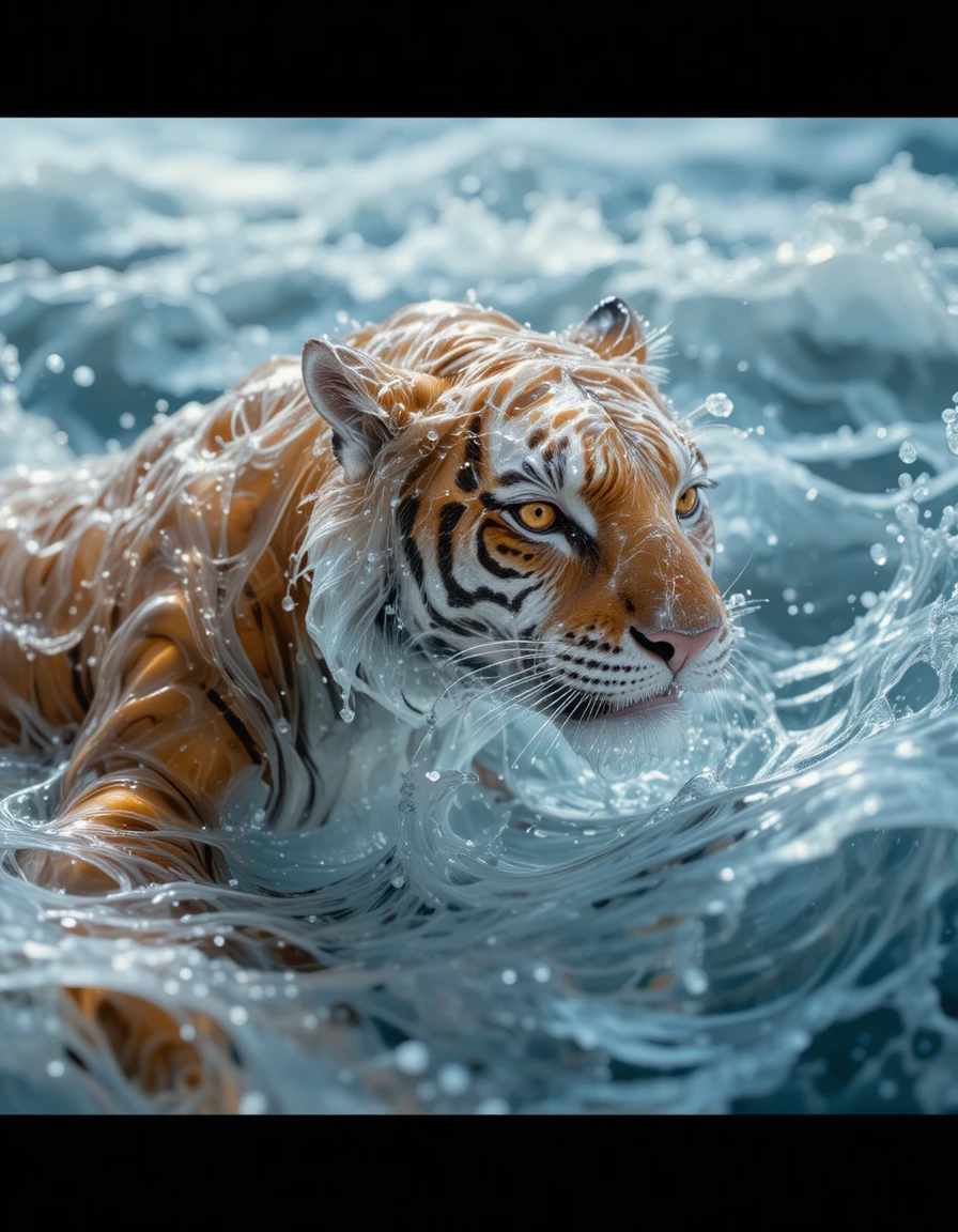 Tigre d’eau fluide formé par des ondes scintillantes et des reflets