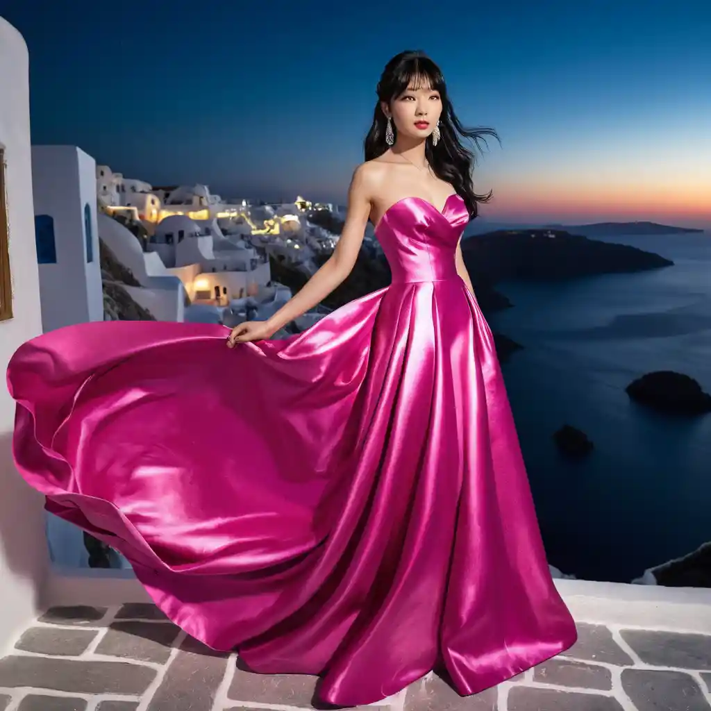 Elegant woman in fuchsia satin gown at night in Santorini