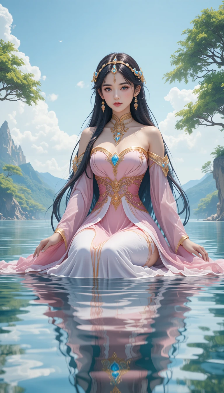 Femme élégante en rose et blanc assise dans une eau paisible