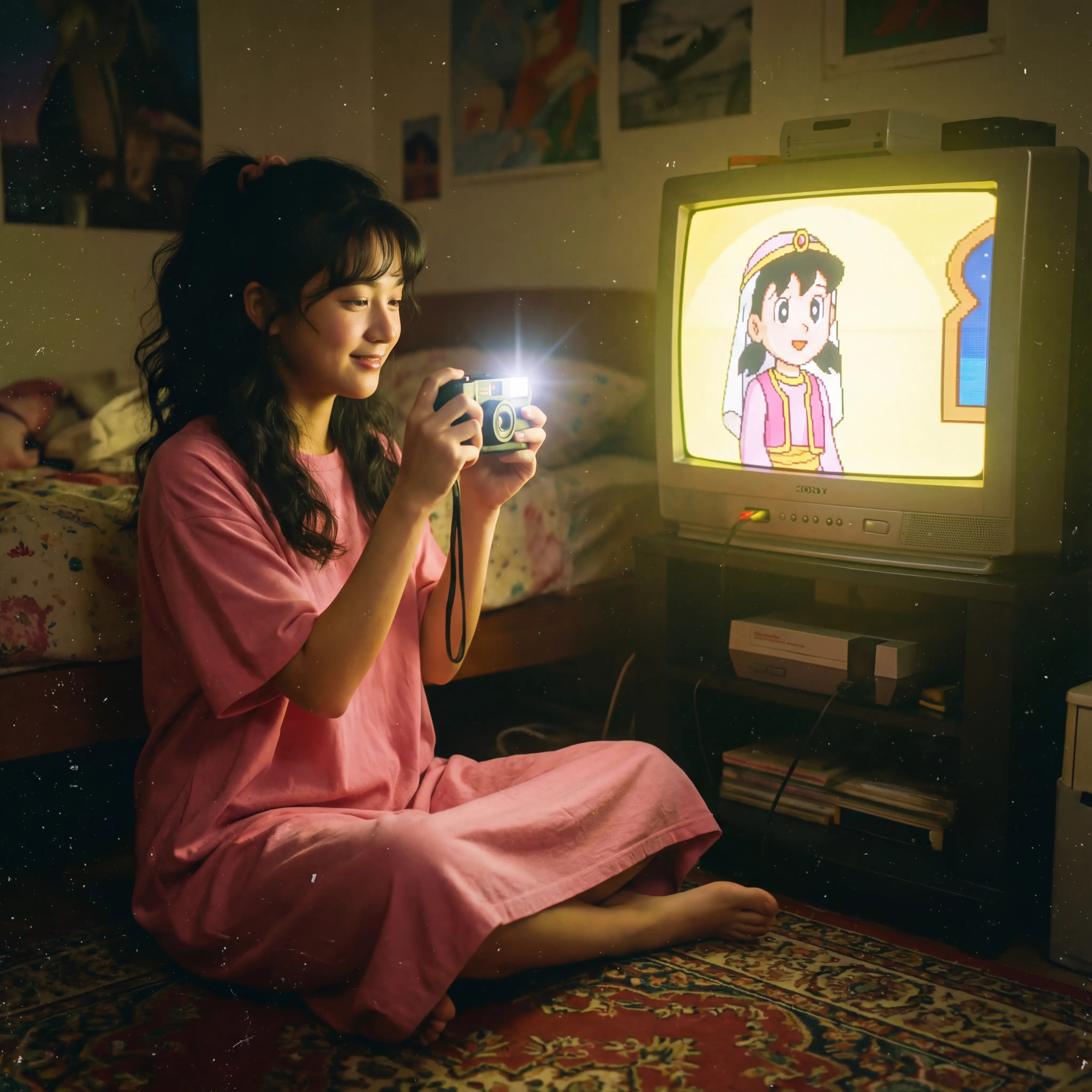 Anime-Mädchen fotografiert leuchtenden Retro-Fernseher