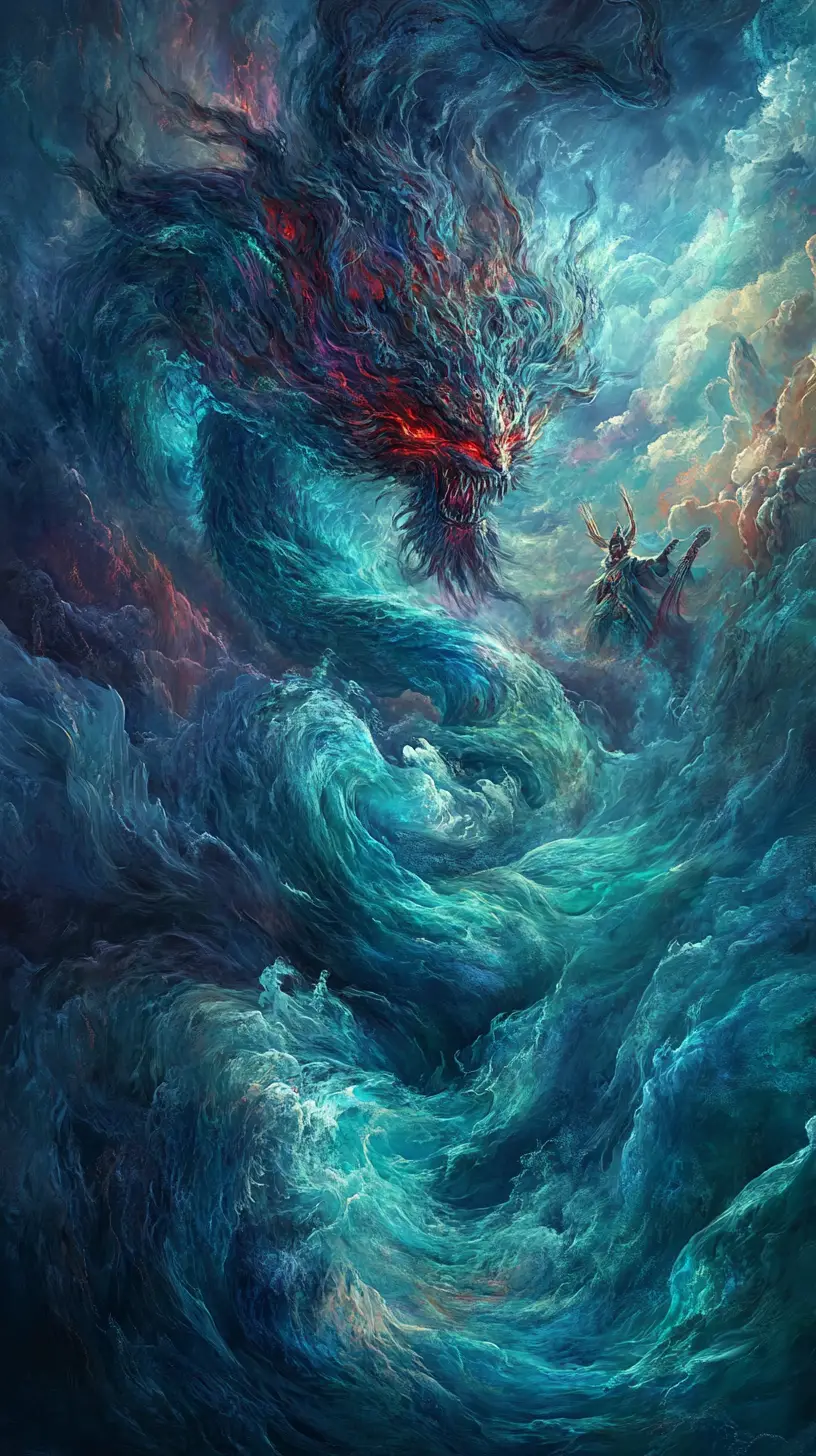 Dea primordiale del mare emerge dal tempestoso oceano cosmico