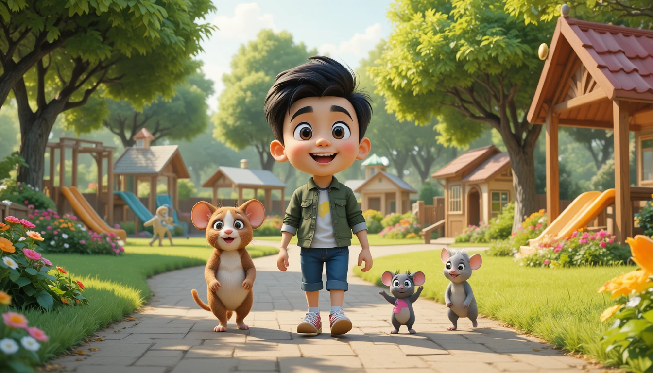 Menino de desenho animado cantando com gato e rato em parque verde