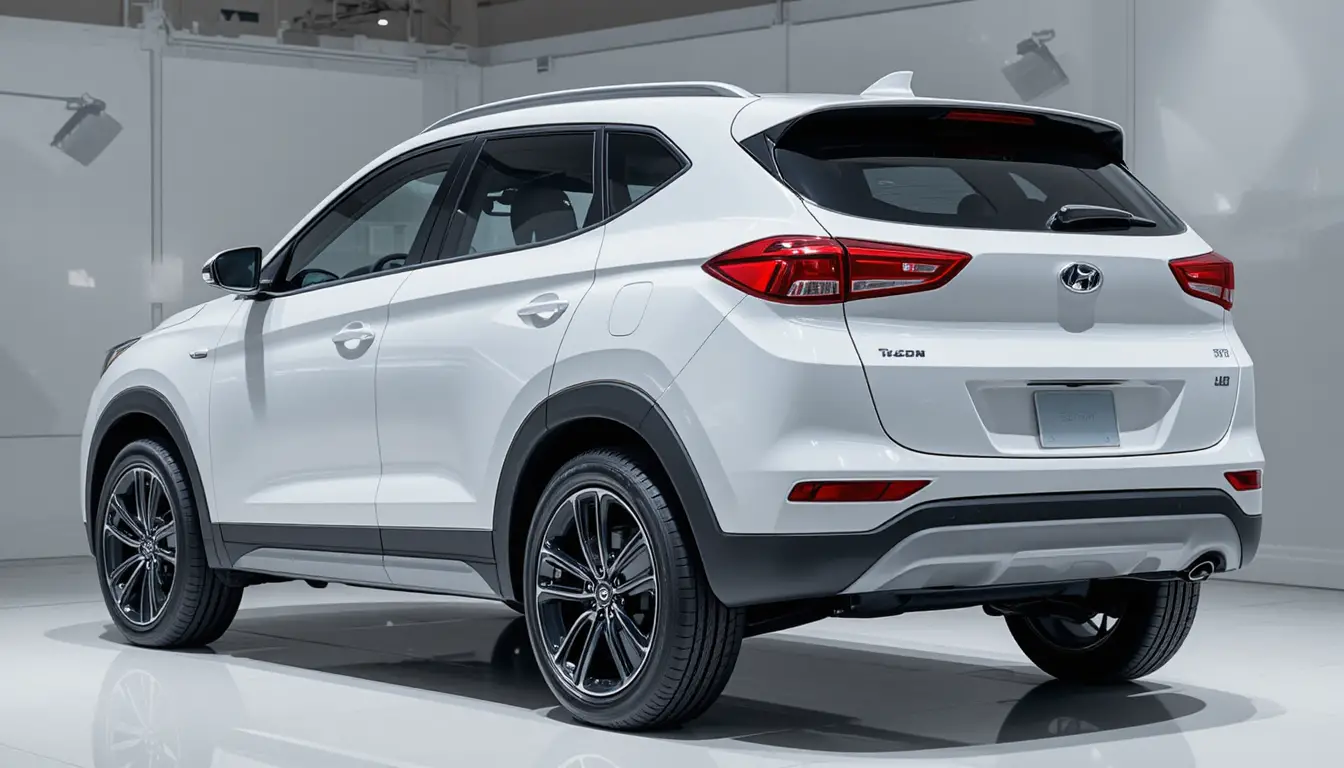 現代車展廳中的白色 SUV 後視圖