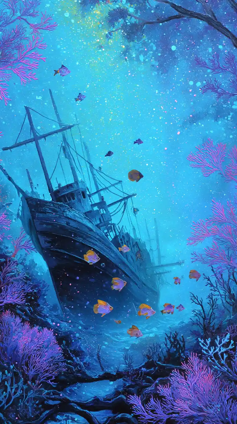Versunkenes Schiff im Schwarzlicht mit tropischen Fischen