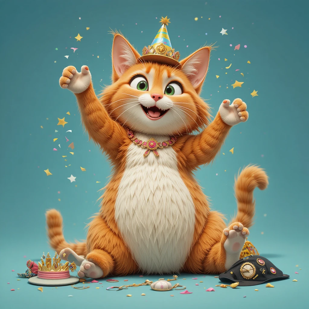 Gato laranja 3D fofo dormindo de barriga para cima com chapéu de festa