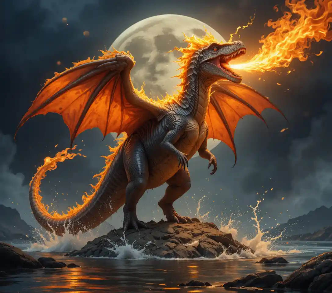 Winged dragon on fire breathing water beneath the moon