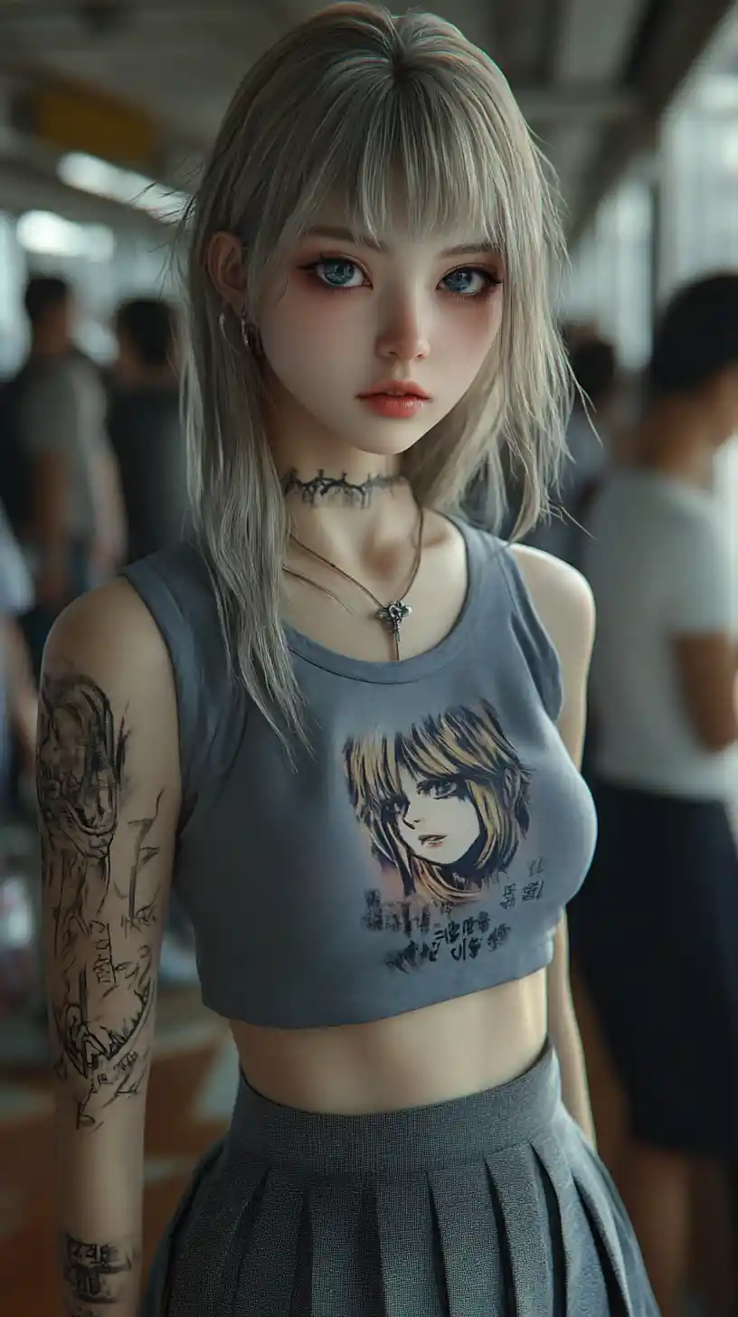 Tattooed Japanese schoolgirl smiling among supportive classmates