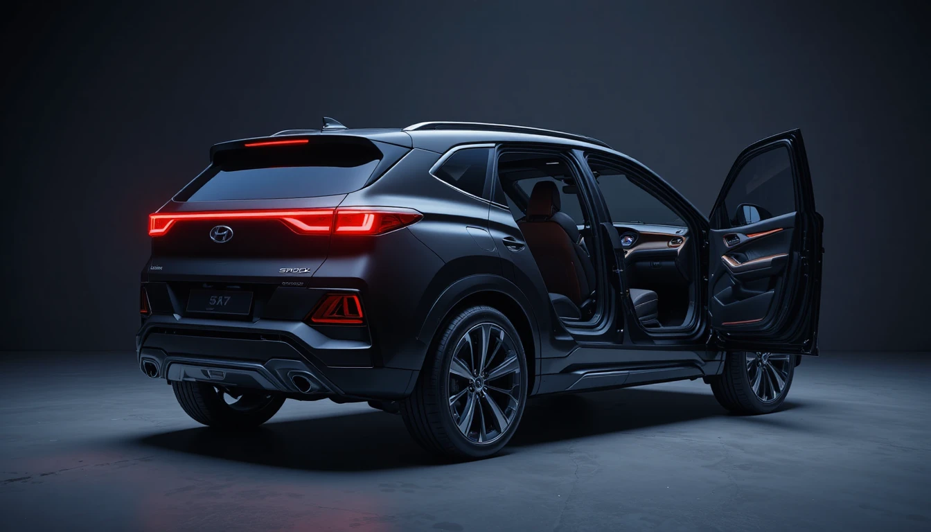 Futuristic matte black SUV concept with open rear doors