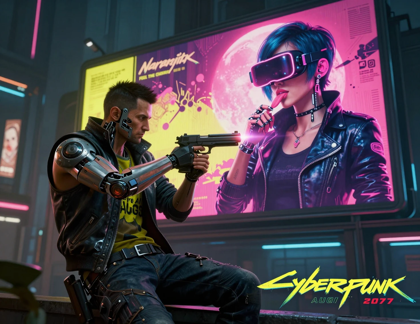 Homem aumentado apontando arma em cidade cyberpunk neon
