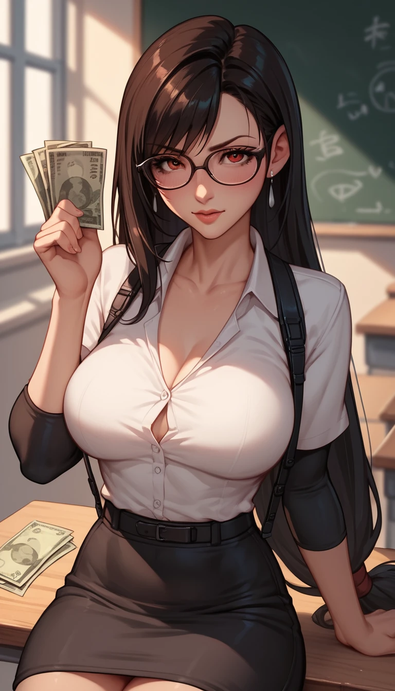 Anime teacher with glasses in a school classroom