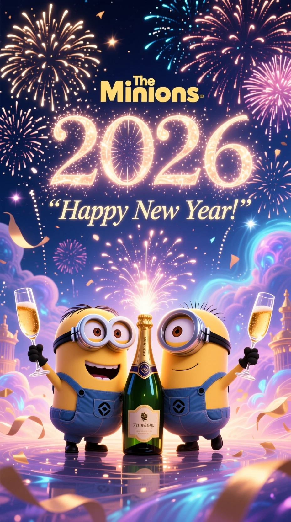 Cartoon-Minions feiern das Neujahr 2026 mit Feuerwerk