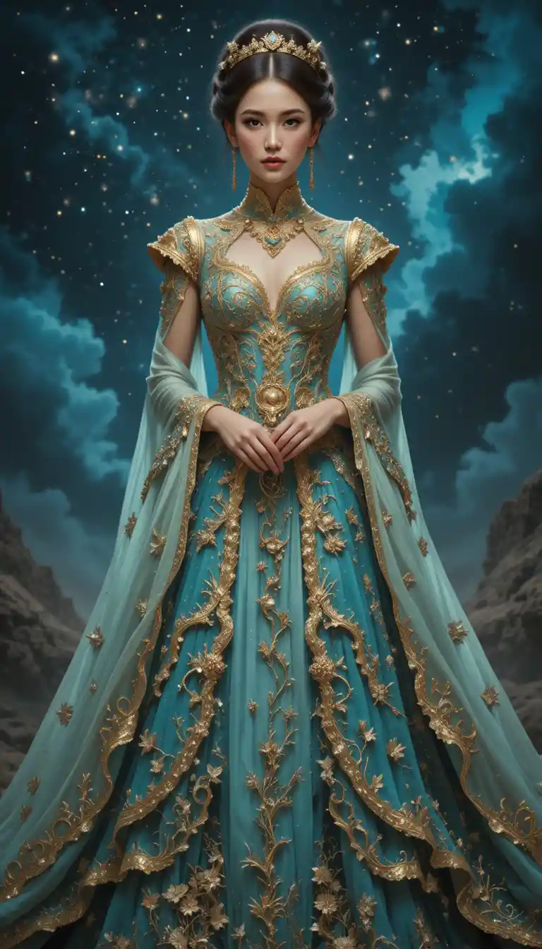 Elegant woman in turquoise gown under a mystical starry sky