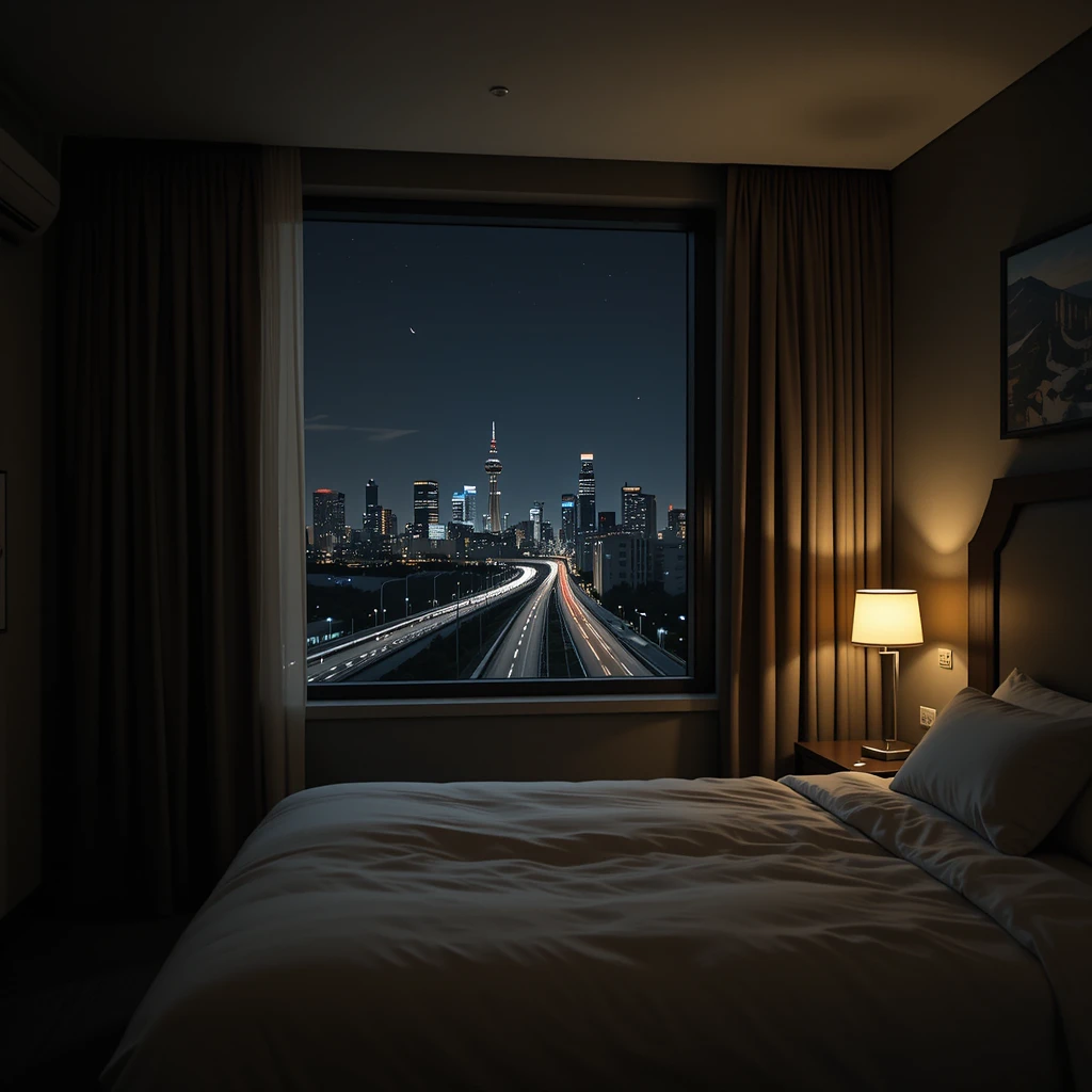 Dim hotel bedroom with single lamp and city window view