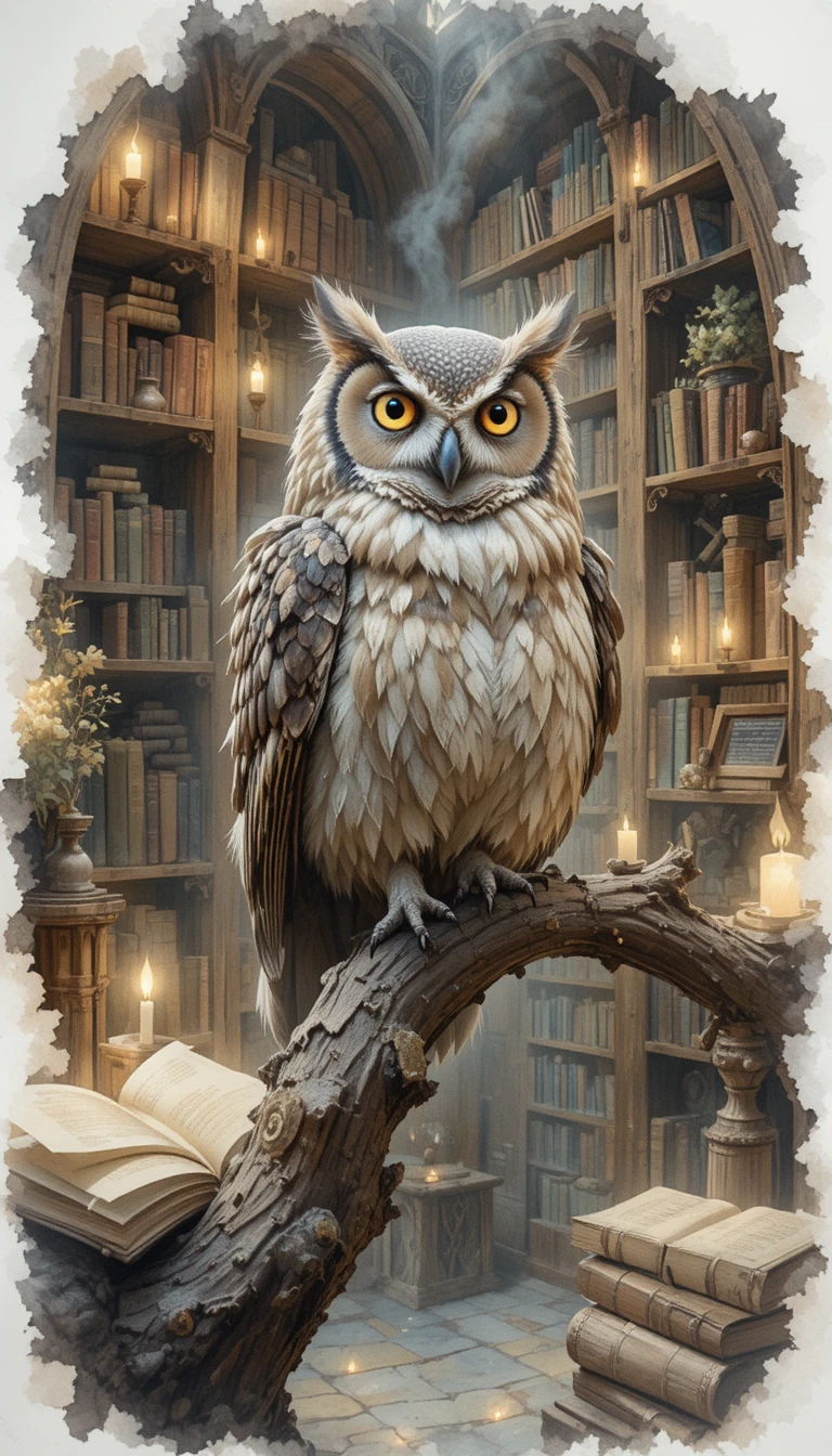 Weise Eule in einer mystischen Bibliothek mit leuchtenden alten Büchern