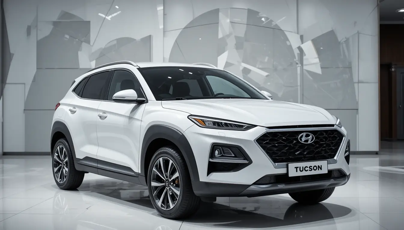 現代感車展廳中的白色 Hyundai Tucson SUV