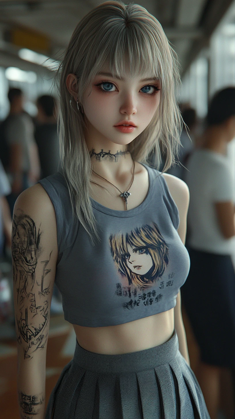 Tattooed Japanese schoolgirl smiling among supportive classmates