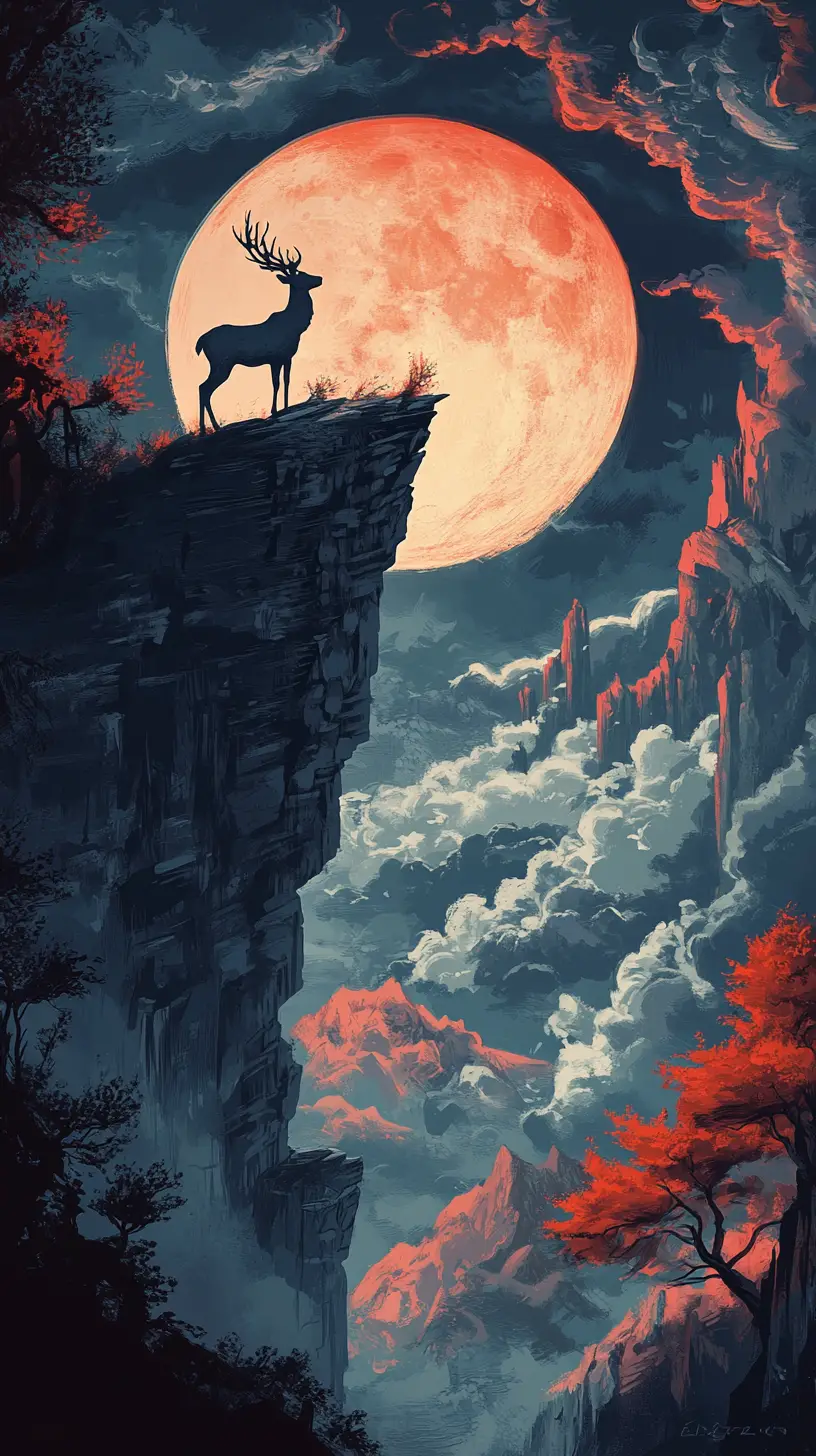 發光奇幻月下懸崖上的鹿