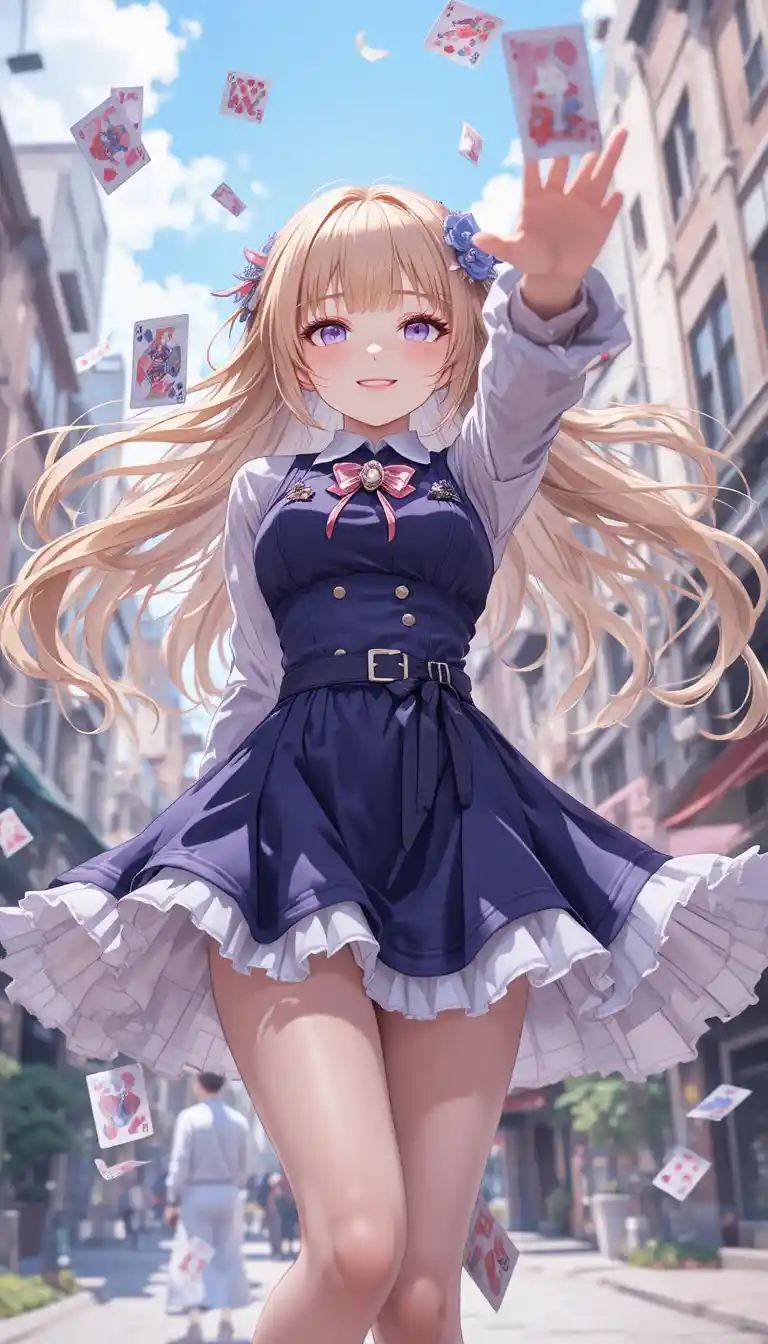 Garota mágica de anime jogando cartas em uma rua da cidade
