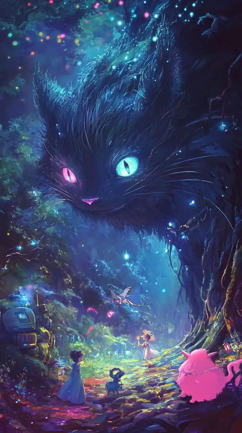 Playful forest spirits relaxing together under a giant tree
