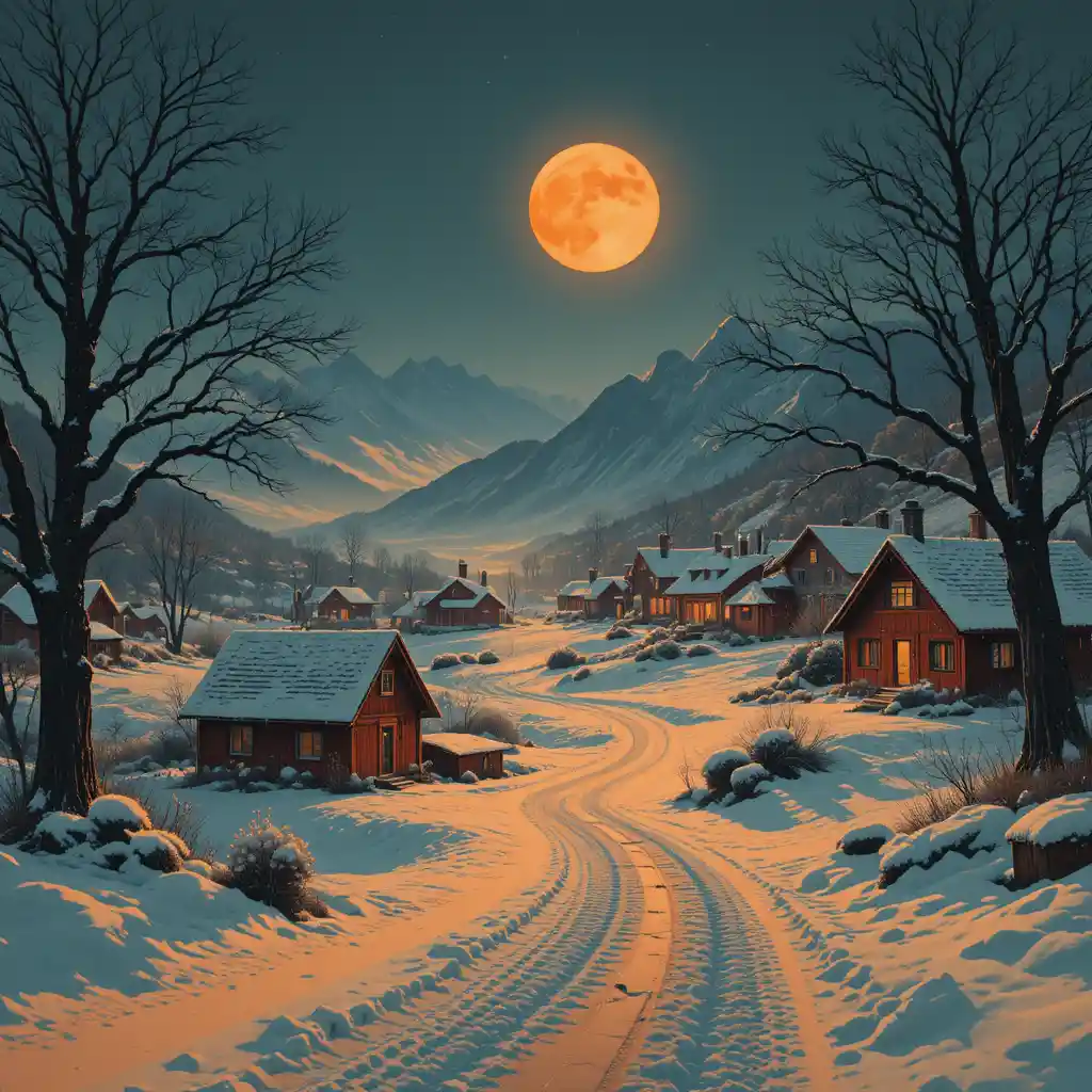 Retrofuturistisches Winterdorf in stimmungsvoll leuchtenden Orangetönen
