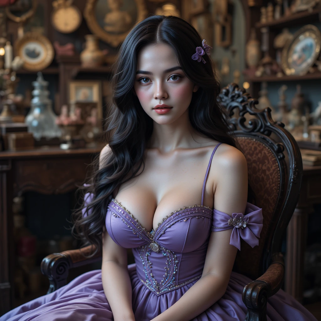 새틴 가운을 입은 젊은 여성이 앤티크 상점 구석에 앉아 있는 모습