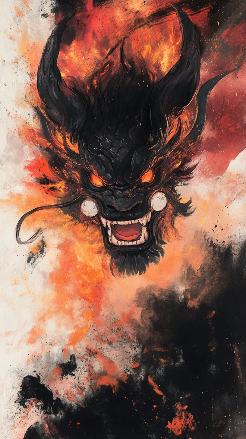 渦巻く炎と煙の中で咆哮する鬼の悪魔