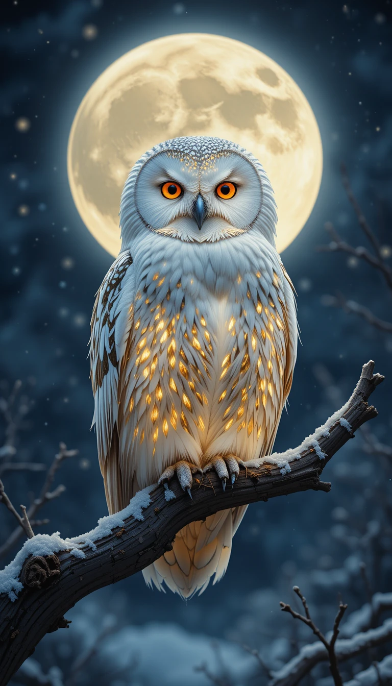 Leuchtende weiße Eule vor einem strahlenden Vollmond