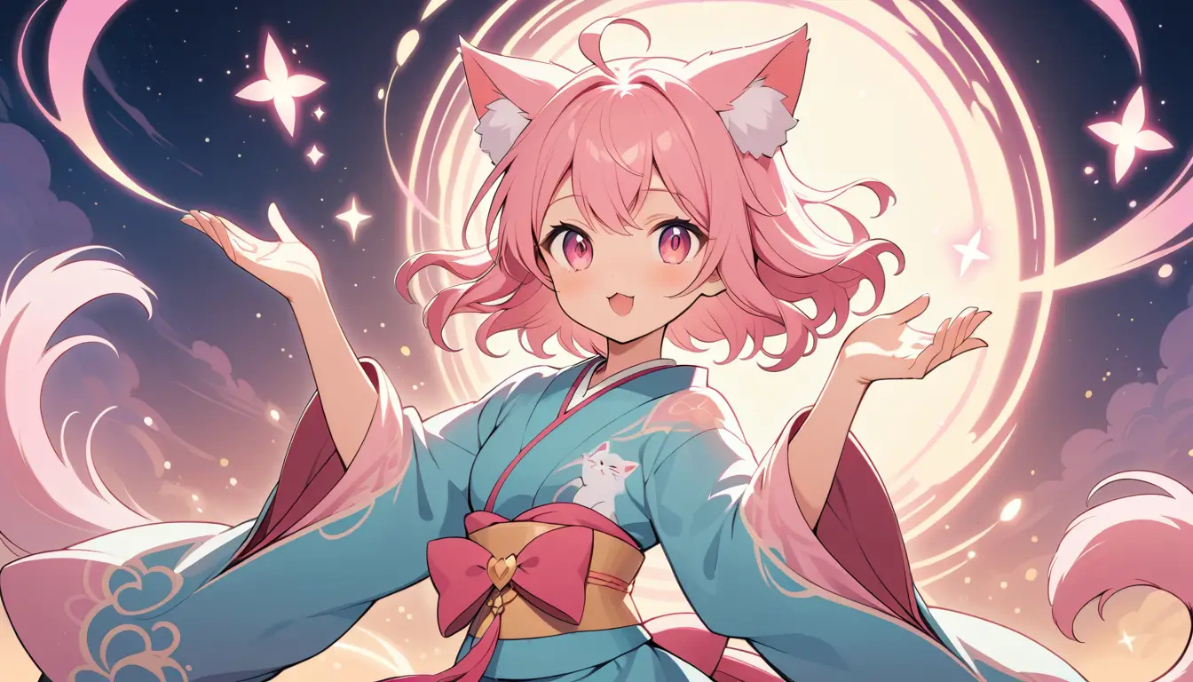 Anime-Katzenmädchen wirkt sanften funkelnden Zauber