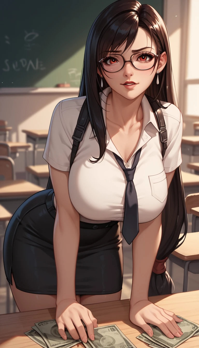 Anime teacher with glasses in a short skirt at school
